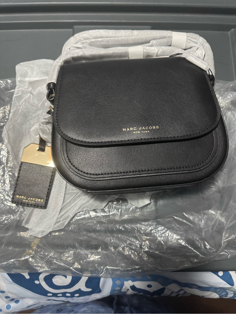 Marc Jacobs Black Leather Saddle Crossbody with Gold Logo